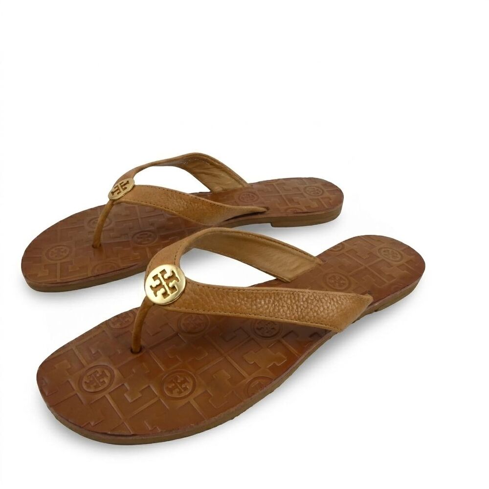 Tory Burch Thora Thong Sandals Women's 10 M Tan Leather Gold Medallion | Luxury